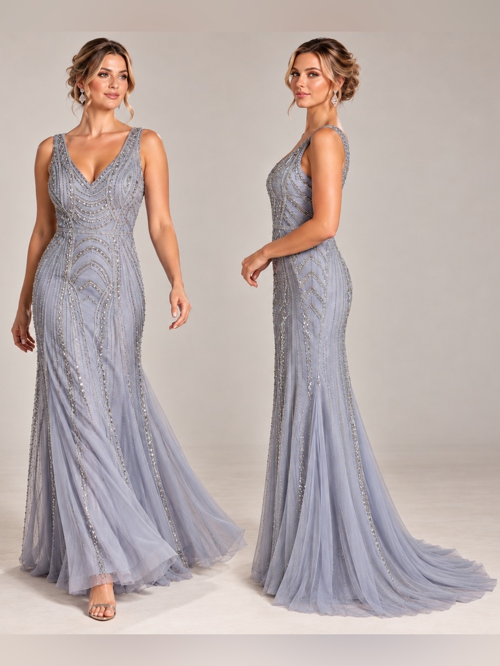 GLS Beaded VNeck Evening Gown Maxi Dress Blue Gray Wedding Prom Events Tulle L